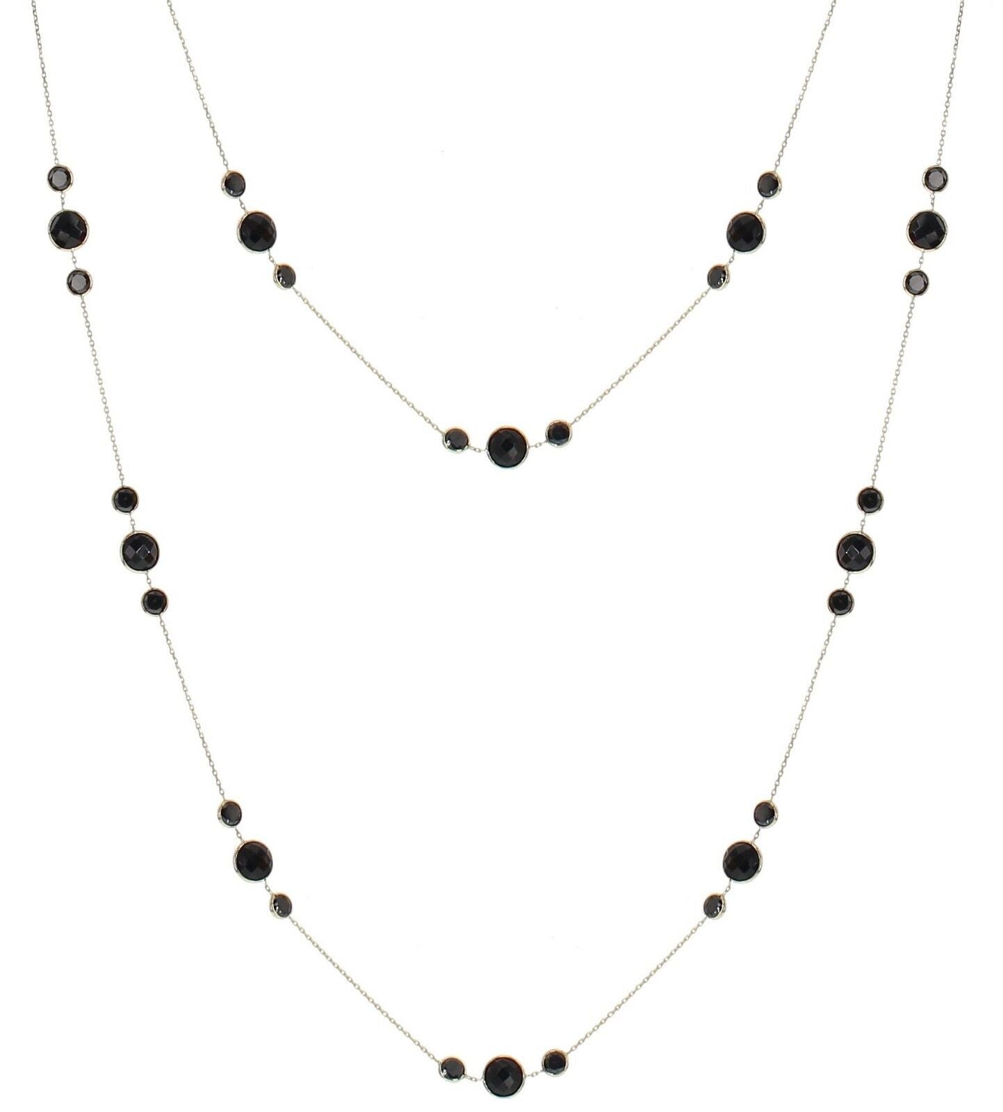 14K Yellow Gold Station Necklace With Round Black Onyx Gemstones 36 Inches