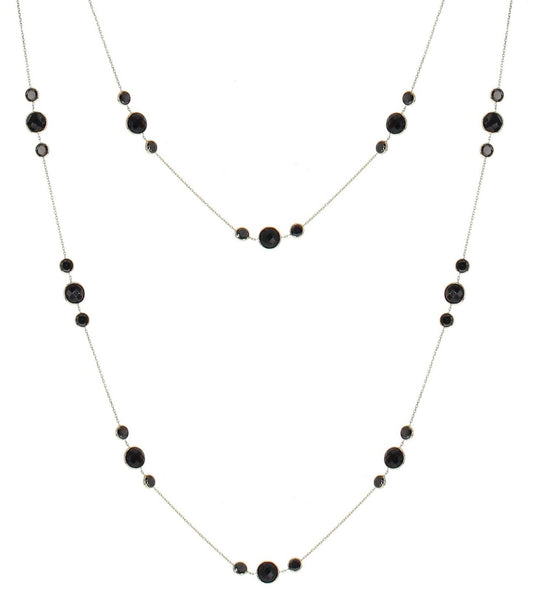 14K Yellow Gold Station Necklace With Round Black Onyx Gemstones 36 Inches