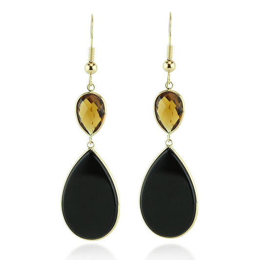 14K Yellow Gold Gemstone Earrings With Cognac Topaz and Black Onyx