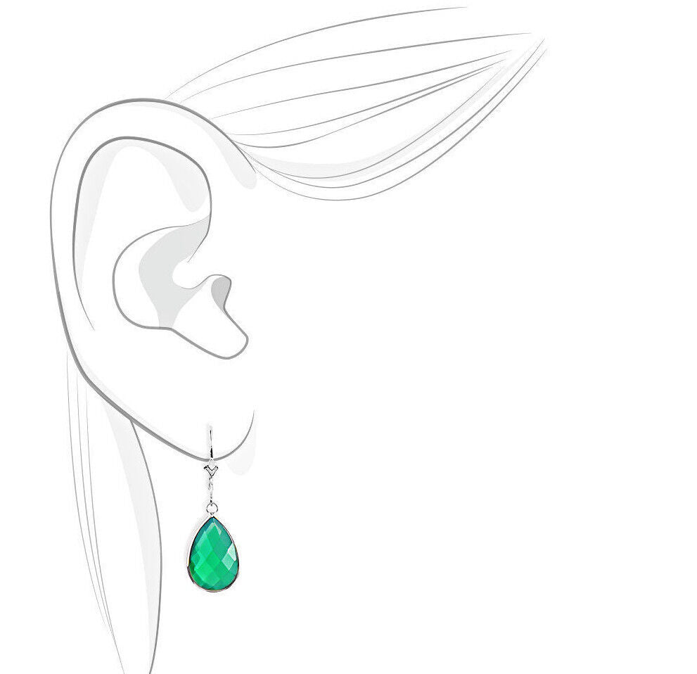 14K White Gold Earrings With Pear Shaped Green Onyx Gemstones