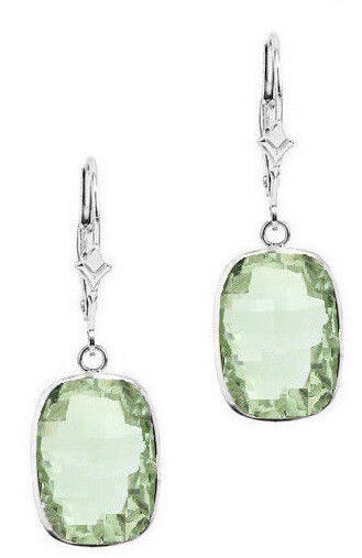14K White Gold Dangle Earrings With Cushion Cut Green Amethyst Gemstones