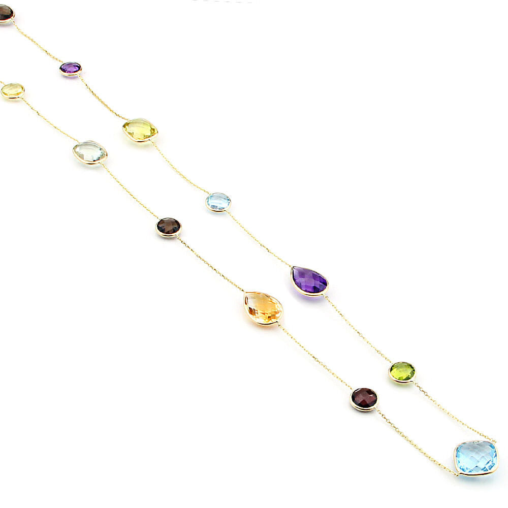 14K Yellow Gold Multi Shape Station Necklace With Gemstones By The Yard 36 Inch