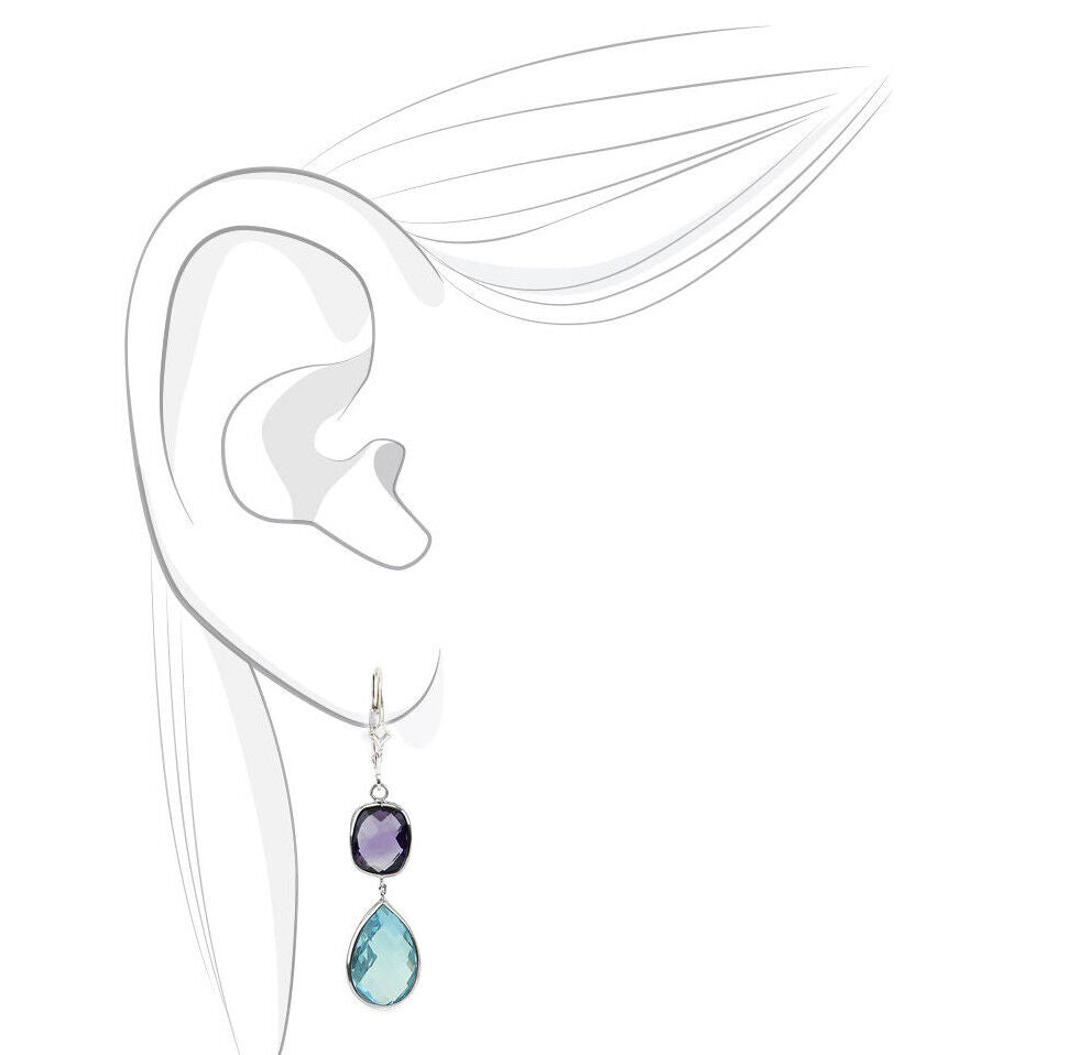 14K White Gold Gemstone Earrings With Dangling Amethyst and Blue Topaz
