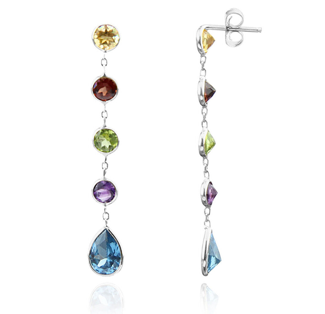 14K White Gold Earrings With Multi-Colored Gemstones