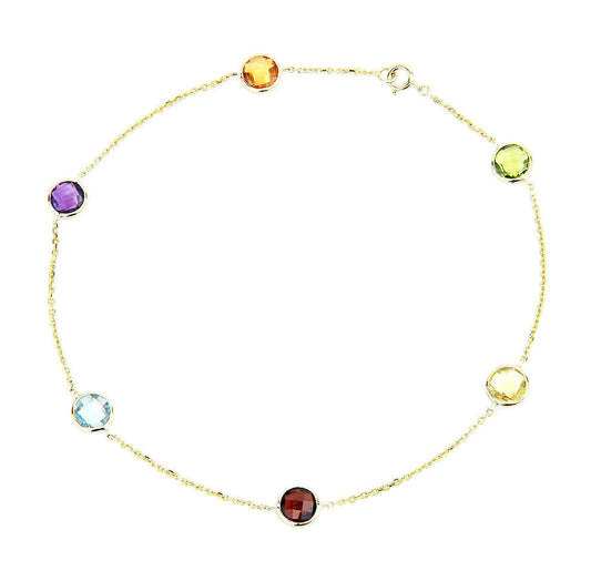 14K Yellow Gold Anklet Bracelet With Colorful Faceted Round Gemstones 9 Inches