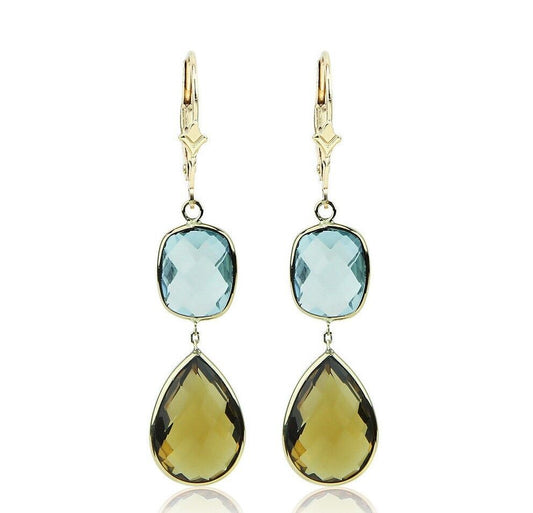 14K Yellow Gold Gemstone Earrings With Cognac and Blue Topaz