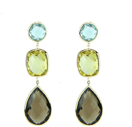 14K Yellow Gold Earrings With Blue, Lemon and Smoky Topaz Gemstones