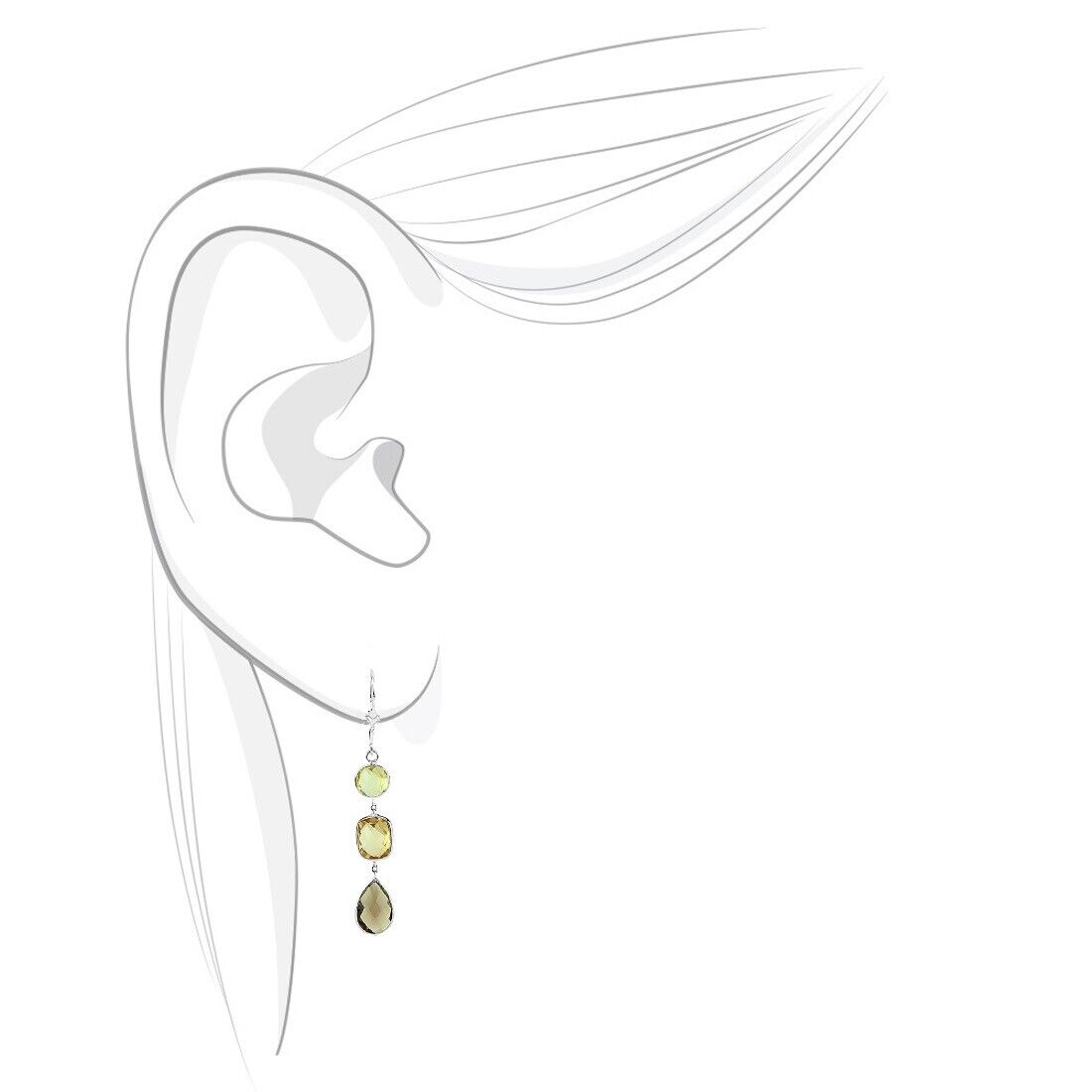 14K White Gold Gemstones Dangling Earrings With Smoky, Lemon Topaz And Citrine