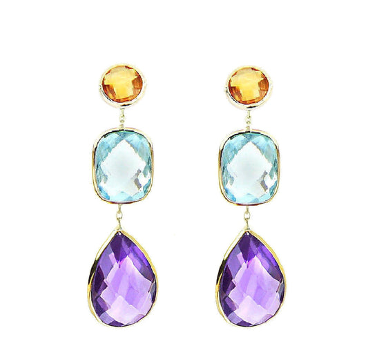 14K Yellow Gold Gemstone Earrings With Citrine, Blue Topaz And Amethyst