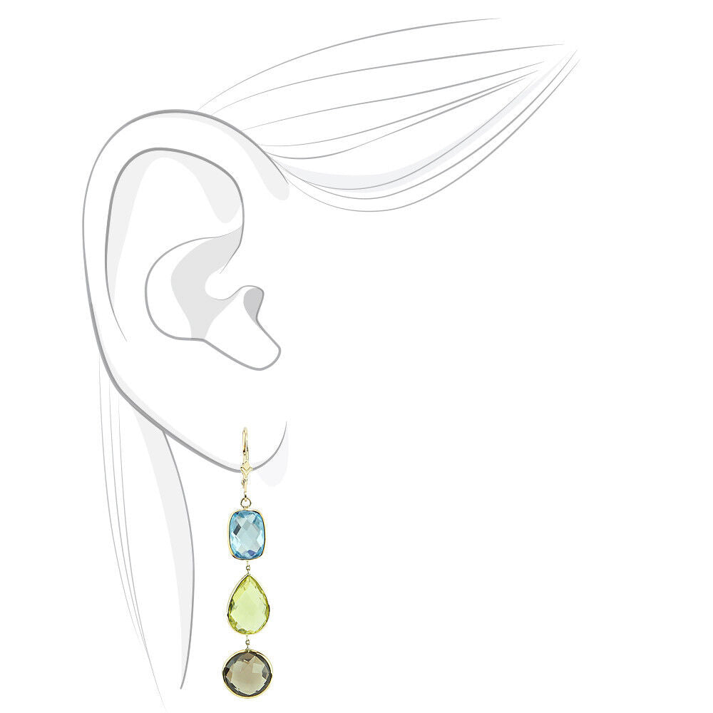 14K Yellow Gold Gemstones Earrings With Blue, Lemon and Smoky Topaz