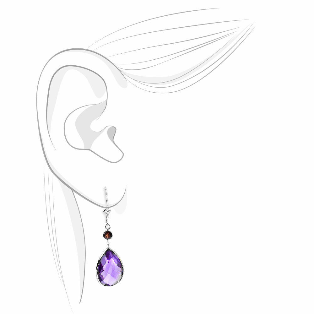 14K White Gold Gemstone Earrings with Pear Shape Amethyst and Round Garnet