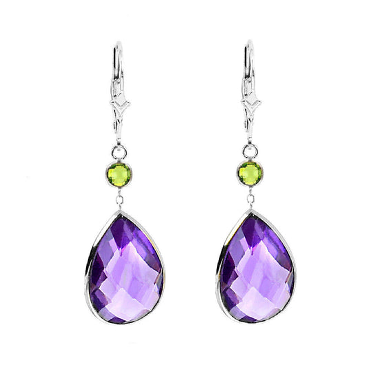 14K White Gold Gemstone Earrings with Pear Shape Amethyst and Round Peridot
