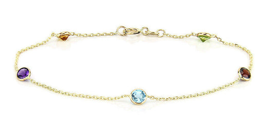 14K Yellow Gold Anklet Bracelet With Round Gemstones 10.5 Inches