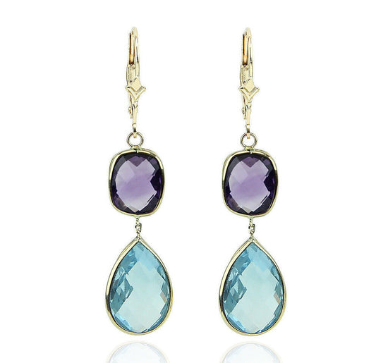 14K Yellow Gold Gemstone Earrings With Dangling Amethyst and Blue Topaz