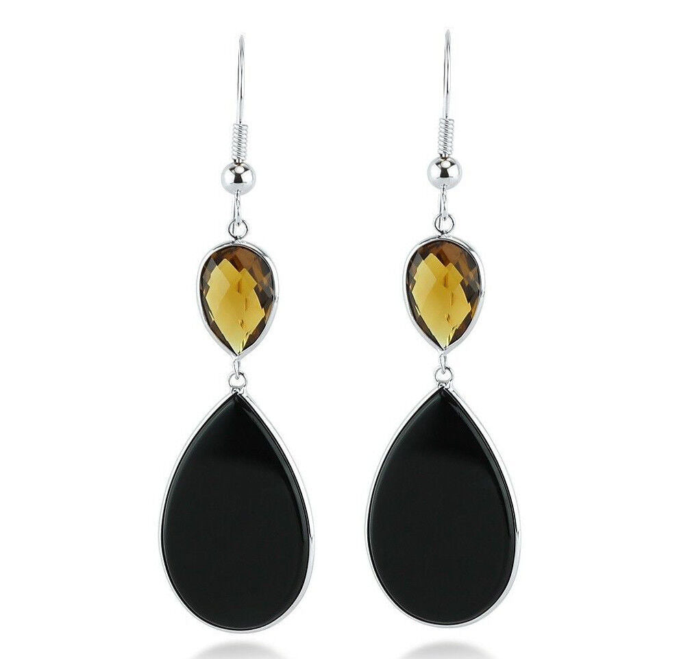14K White Gold Gemstone Earrings With Cognac Topaz and Black Onyx