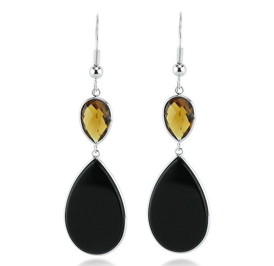 14K White Gold Gemstone Earrings With Cognac Topaz and Black Onyx