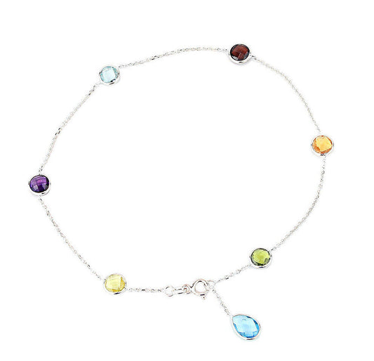 14K White Gold Gemstone Anklet Bracelet With A Blue Topaz Drop 10 Inches