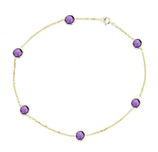14K Yellow Gold Anklet Bracelet With Amethyst Gemstones 10 Inches