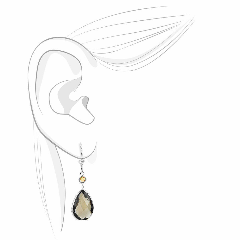 14K White Gold Earrings with Pear Shape Smoky Topaz and Round Citrine Drop