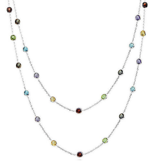 14K White Gold Necklace With Round Faceted Multi-Colored Gemstones 36 Inches