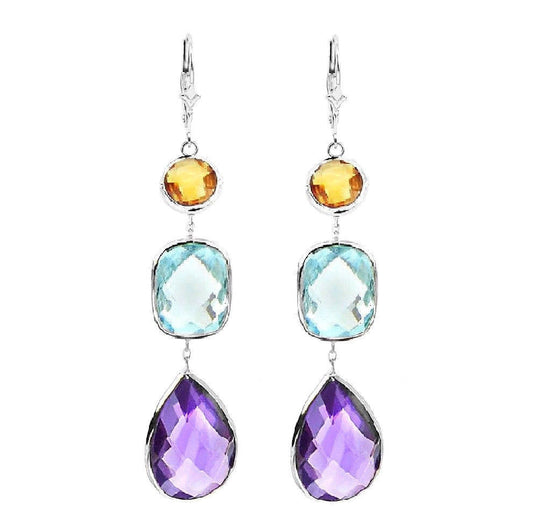 14K White Gold Gemstone Earrings With Citrine, Blue Topaz And Amethyst