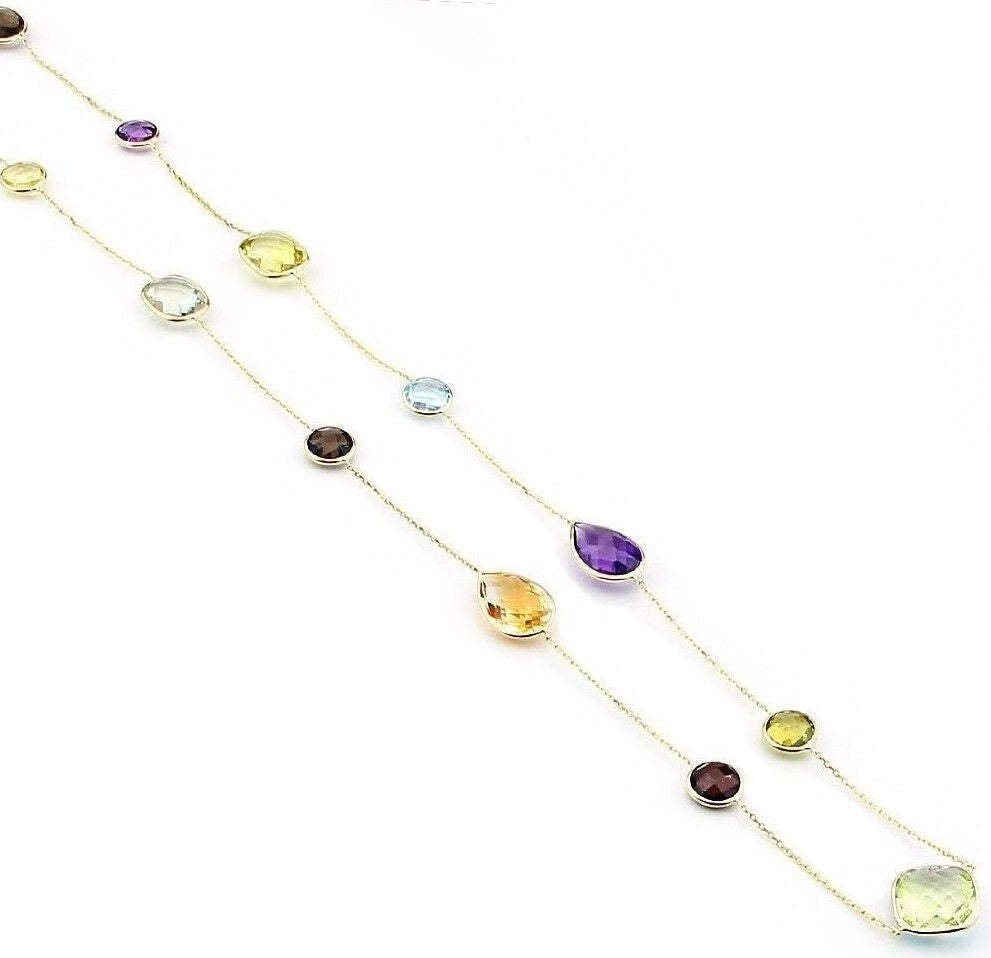 14K Yellow Gold Colorful Multi-Shaped Gemstone Station Necklace 36 Inches