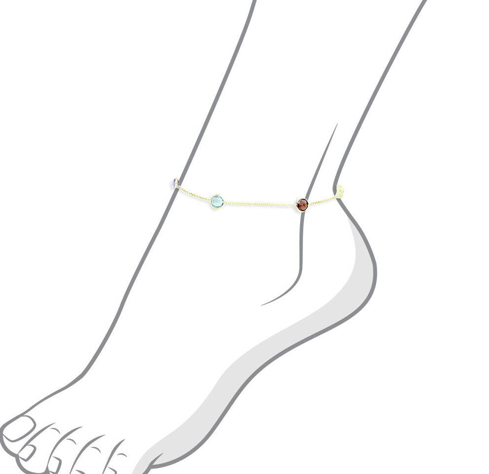 14K Yellow Gold Anklet Bracelet With Colorful Faceted Round Gemstones 9 Inches