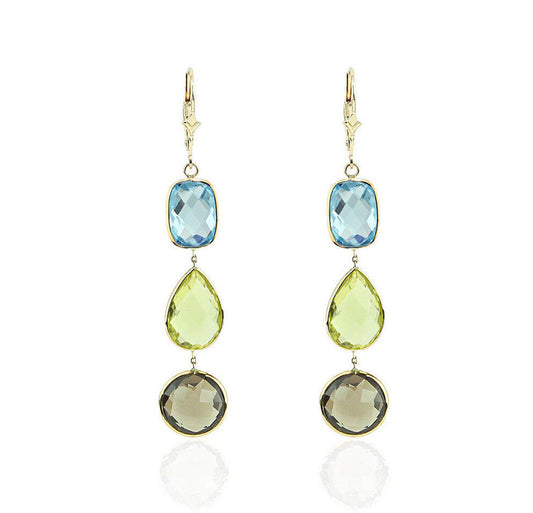 14K Yellow Gold Gemstones Earrings With Blue, Lemon and Smoky Topaz