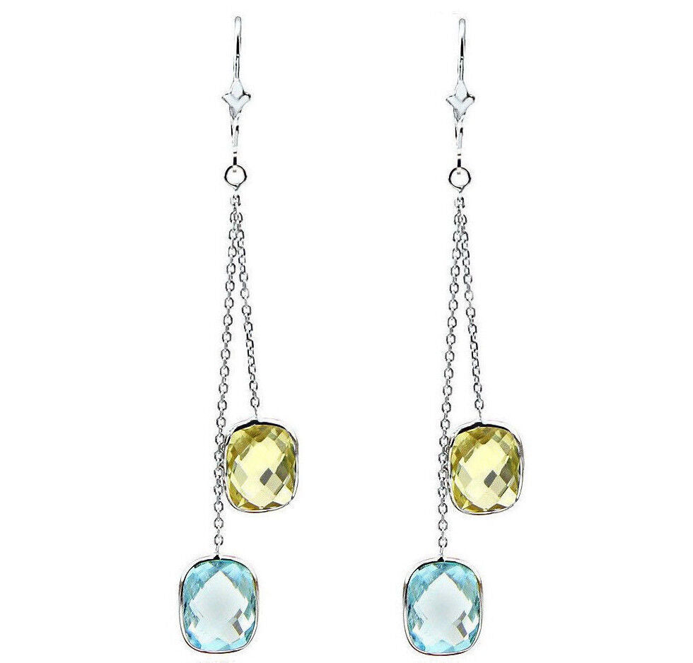 14K White Gold Gemstones Earrings With Lemon and Blue Topaz Dangle