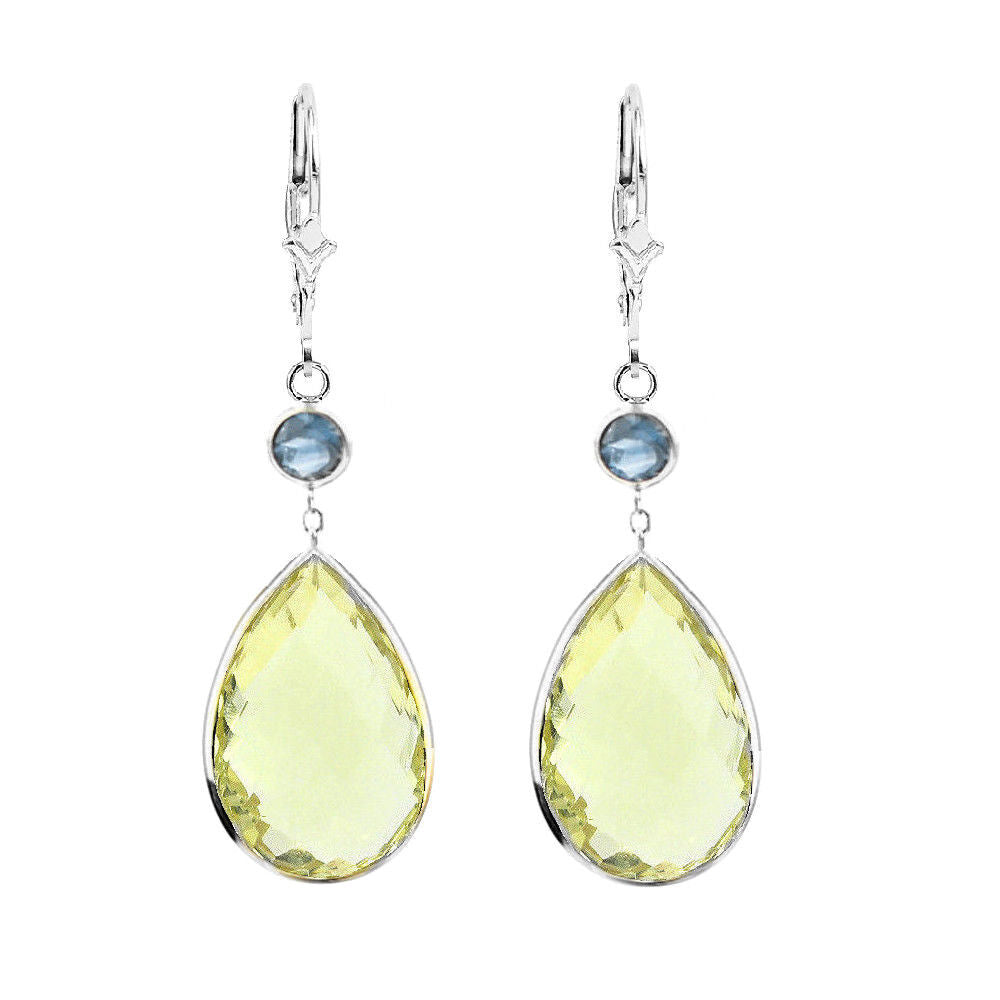 14K White Gold Gemstone Earrings with Lemon Quartz And Round Blue Topaz