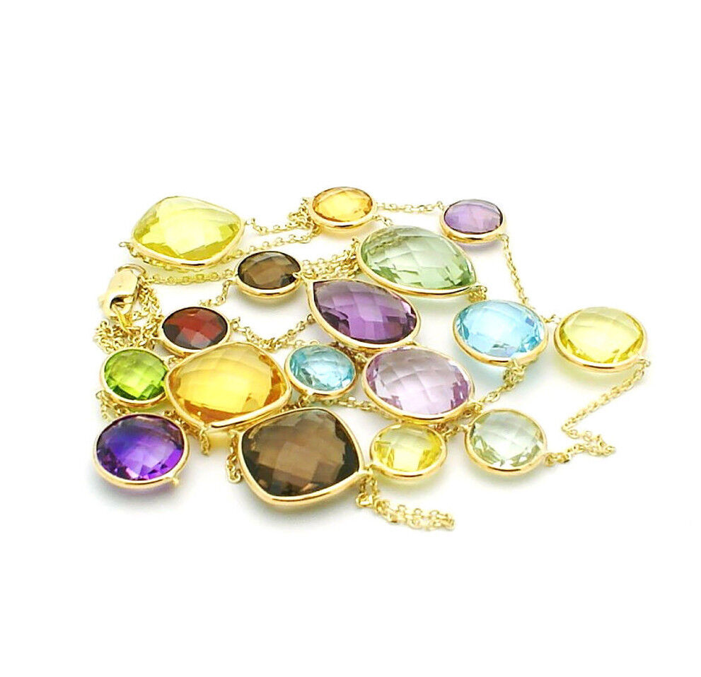 14K Yellow Gold Statement Size Multi Colored Gemstone Necklace 36 Inches