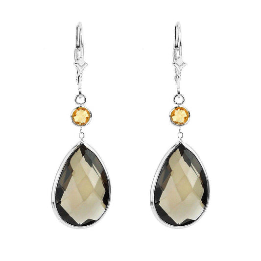 14K White Gold Earrings with Pear Shape Smoky Topaz and Round Citrine Drop