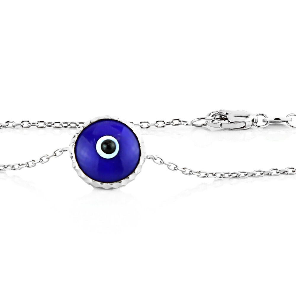 Handmade 14K White Gold Evil Eye Bracelet - Indigo Blue 7.5 inches