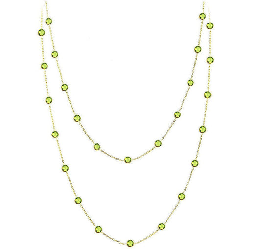 14K Yellow Gold Necklace With Round Shaped Peridot Gemstones 36 Inches