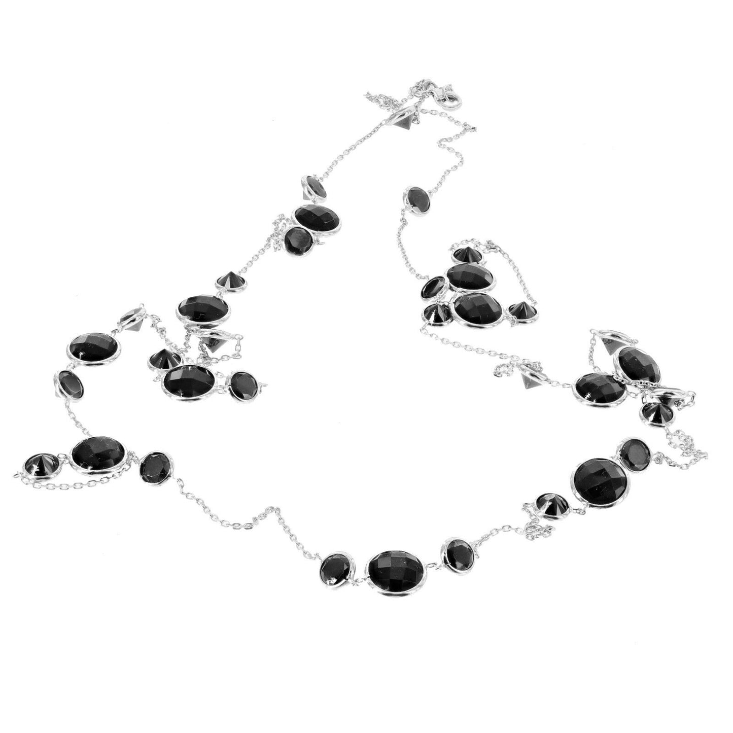14K White Gold Station Necklace With 8 and 4 MM Round Onyx Gemstones 36 Inches