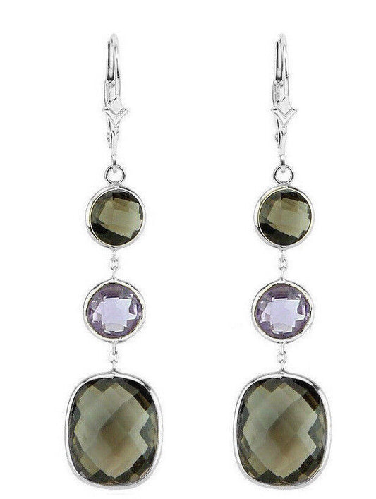 14K White Gold Earrings With Smoky Topaz And Amethyst Gemstones