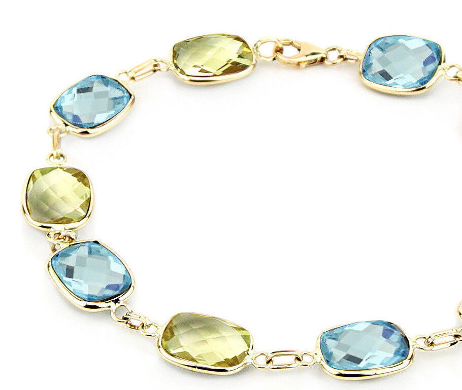 14K Yellow Gold Bracelet With Cushion Cut Lemon And Blue Topaz 7.25 Inches