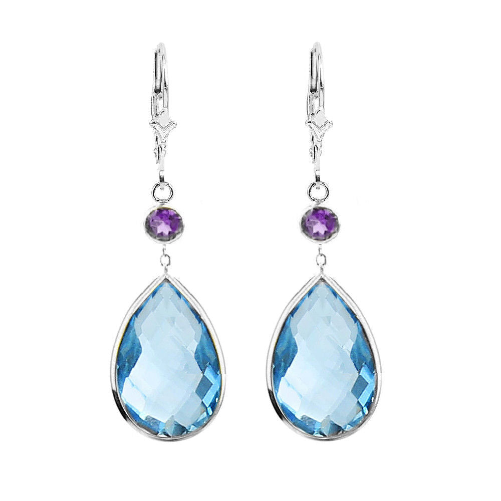 14K White Gold Earrings with Amethyst and Pear Shape Blue Topaz Gemstones