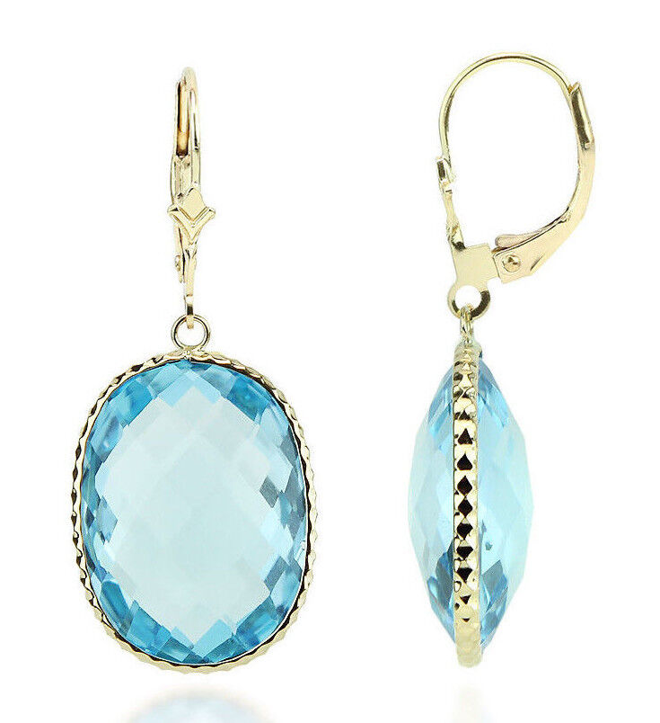 Handmade 14K Yellow Gold Gemstone Earrings With Large Oval Blue Topaz Drop