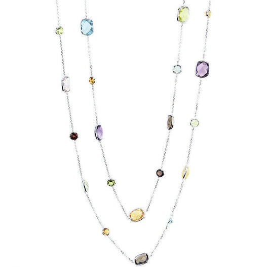 14K White Gold Fancy Cut Multi-Colored Gemstone Necklace 36 Inches