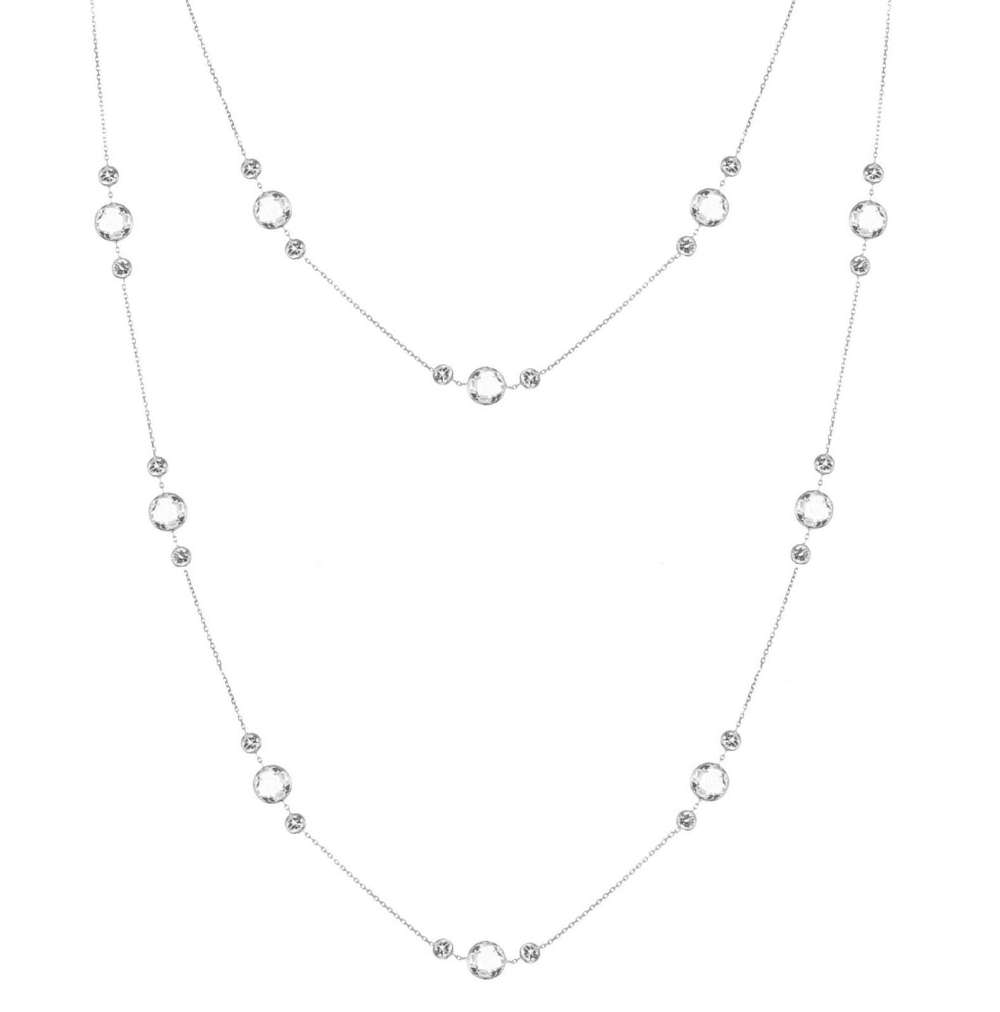 14K White Gold Station Necklace With Crystal And White Topaz Gemstones 36 Inches
