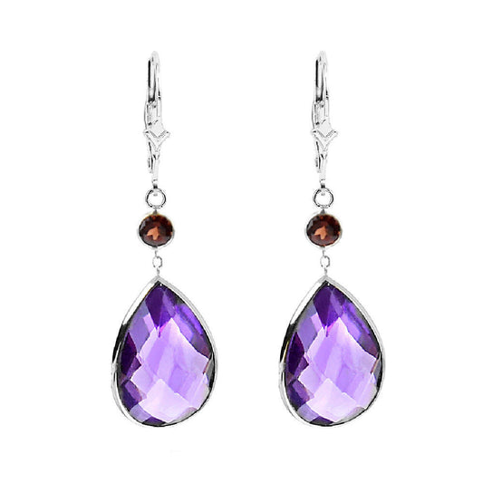 14K White Gold Gemstone Earrings with Pear Shape Amethyst and Round Garnet