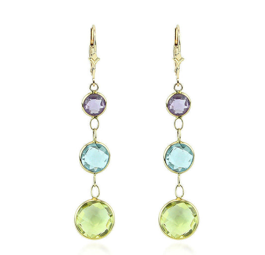 14K Yellow Gold Gemstone Earrings With Amethyst, Lemon and Blue Topaz
