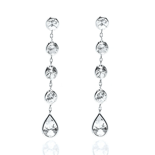 14K White Gold Earrings With Round and Pear Shaped Faceted Cubic Zirconia