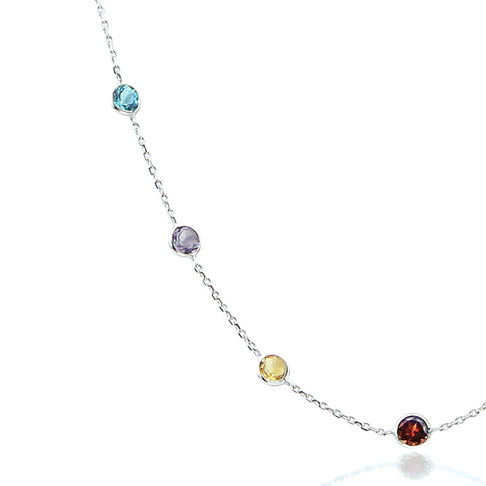 14K White Gold Necklace With Round Faceted Multi-Colored Gemstones 36 Inches