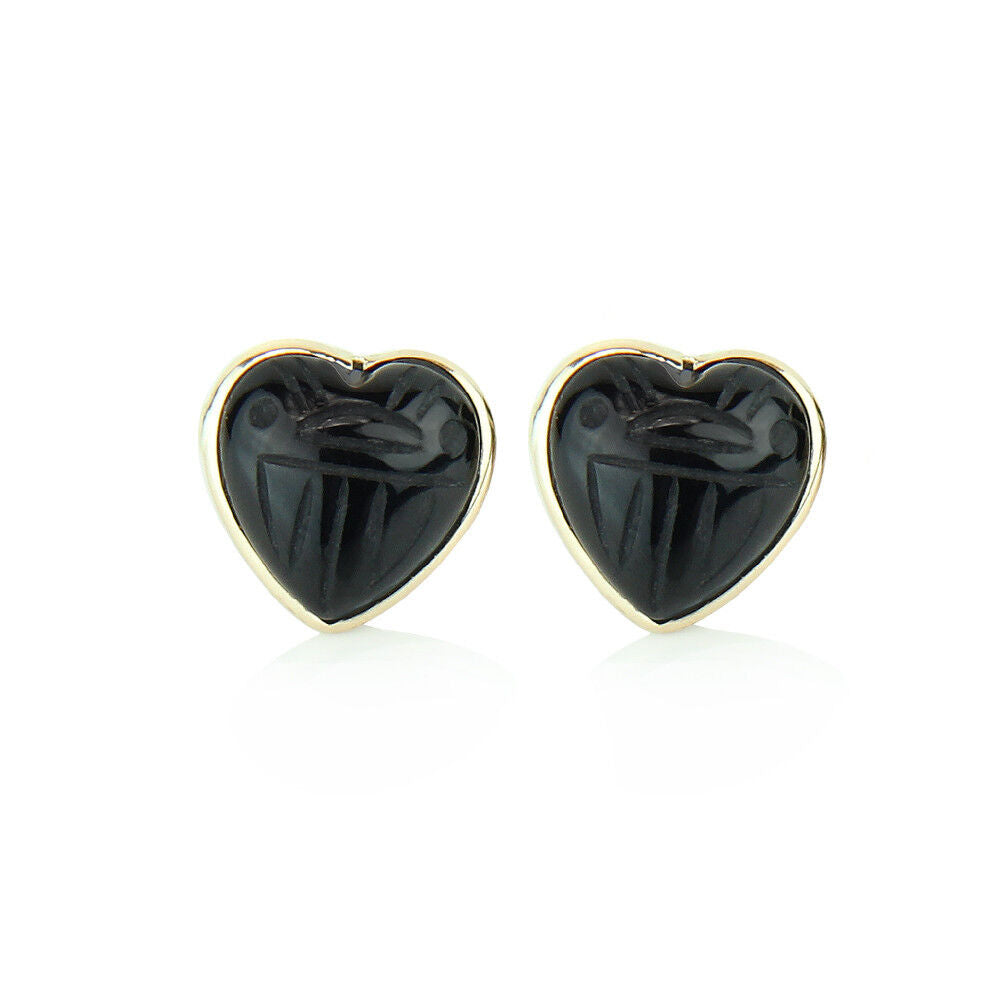 14K Yellow Gold Heart Shaped Stud Earrings With Black Onyx Scarab