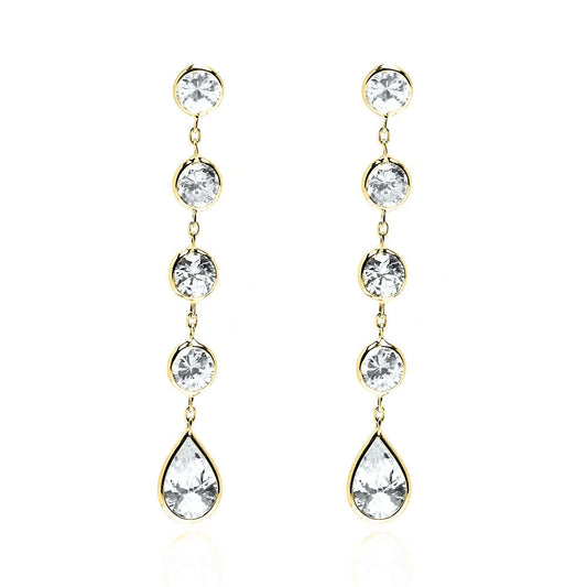 14K Yellow Gold Earrings With Round and Pear Shaped Faceted Cubic Zirconia