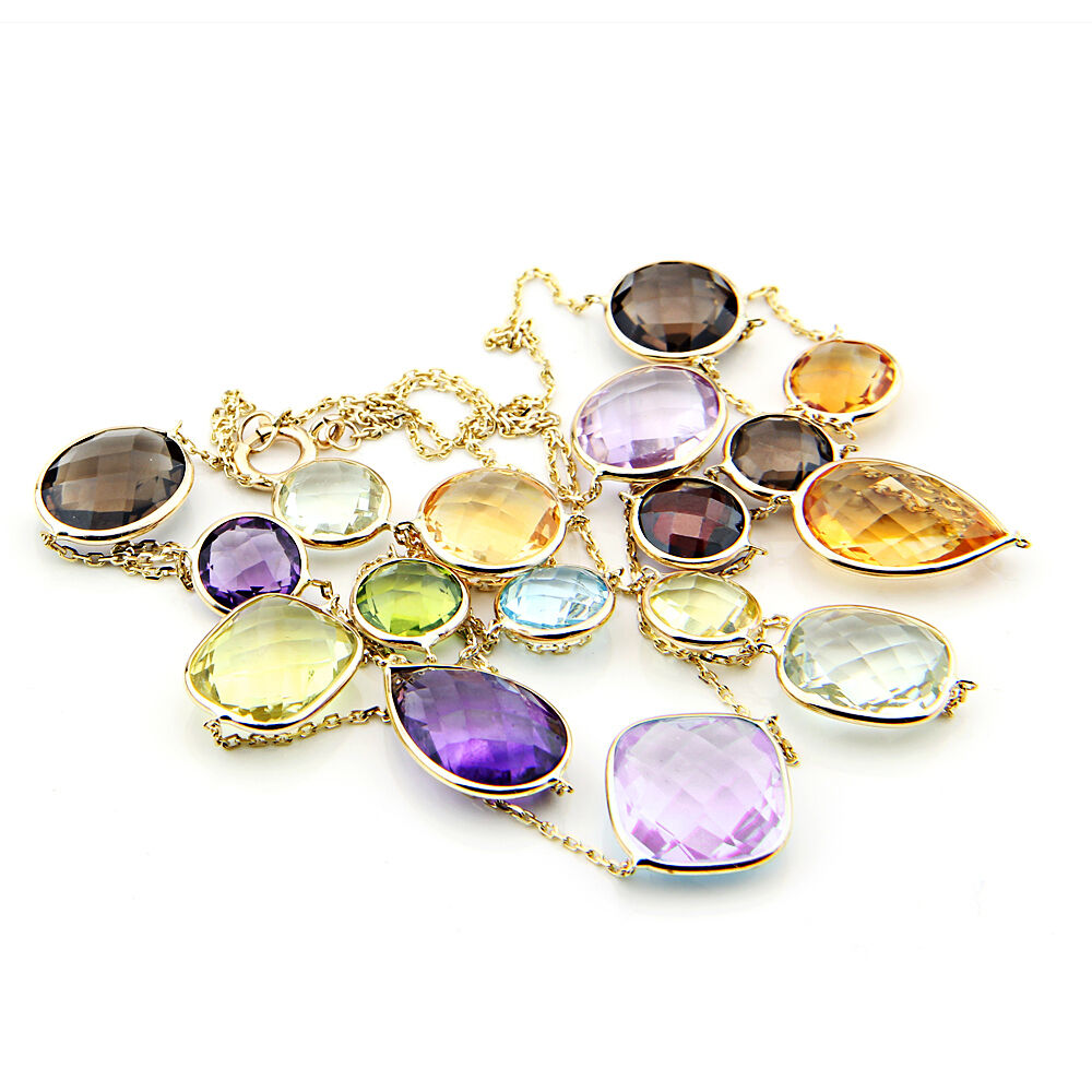 14K Yellow Gold Necklace With Multi Color and Multi Shape Gemstones 36 Inches
