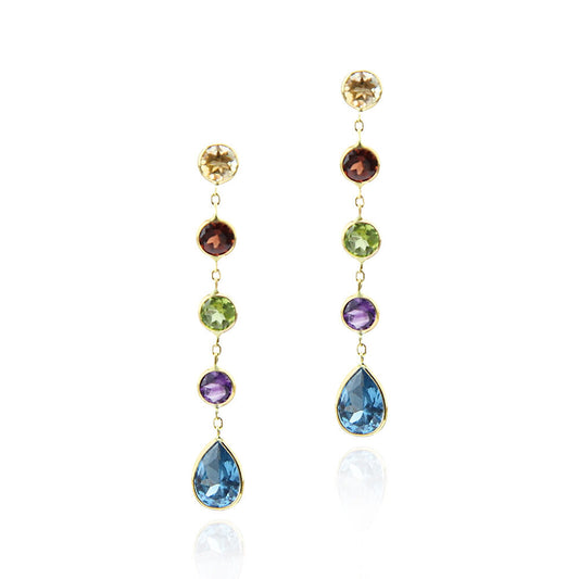 14K Yellow Gold Dangling Stud Earrings With Multicolored Gemstone Stations