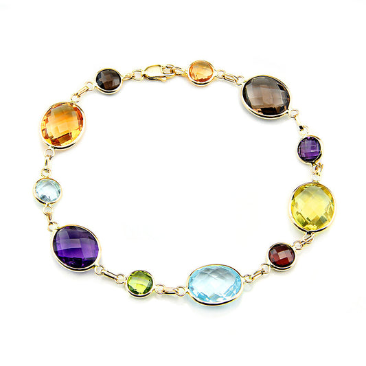 14K Yellow Gold Bracelet With Oval & Round Multi-Color Gemstones 7.5 Inches